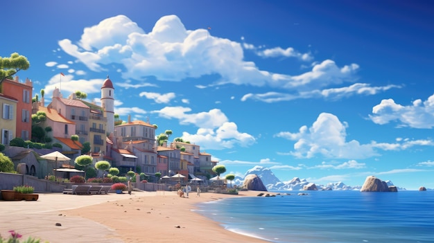 Malownicze nadmorskie miasteczko z kolorowymi domami, piaszczystą plażą i żaglówkami