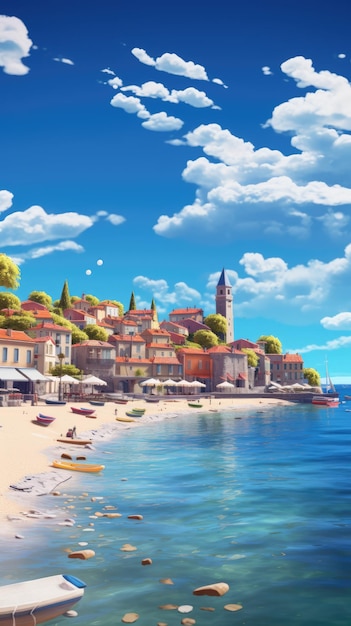 Malownicze nadmorskie miasteczko z kolorowymi domami, piaszczystą plażą i żaglówkami