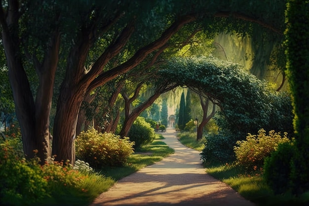 malownicze południowe widoki na spacer po parku otoczony wysokimi drzewami