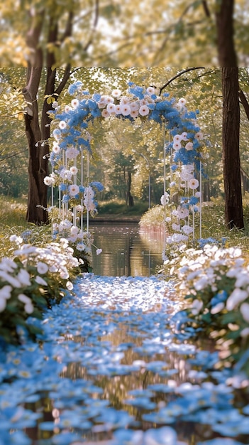 Malownicze śluby w parku, białe i niebieskie kwiaty, wiosenna atmosfera Pionowa tapeta mobilna