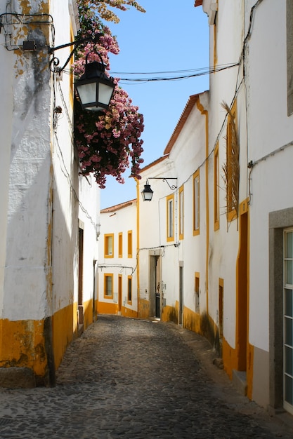 Malowniczej wąskiej uliczce w mieście Evora w Portugalii.