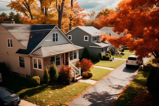 Malowniczy jesienny dzień ozdabia wygodny dom na przedmieściach położony w amerykańskiej dzielnicy mieszkalnej