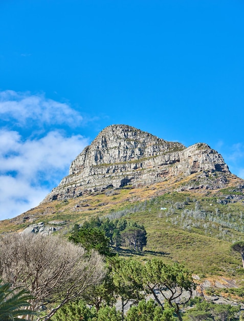 Malowniczy krajobraz błękitnego nieba nad szczytem Góry Stołowej w Kapsztadzie w słoneczny dzień od dołu Piękne widoki roślin i drzew wokół popularnej atrakcji turystycznej i punktu przyrodniczego