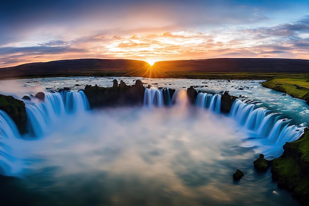 Malowniczy krajobraz islandzkiej rzeki powietrznej z wodospadem o zachodzie słońca