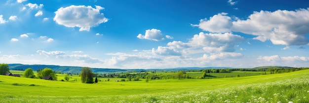 Zdjęcie malowniczy krajobraz wiosenny z zielonym polem i niebieskim niebem z białymi chmurami
