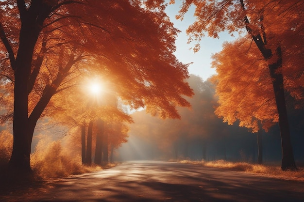 Malowniczy naturalny jesienny krajobraz z drogą błękitnego nieba i pięknymi drzewami