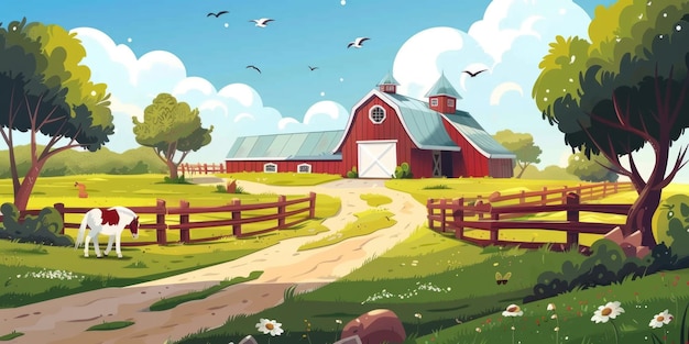 Zdjęcie malowniczy obraz farmy z czerwoną stodołą i pięknym białym koniem idealny dla projektów rolniczych lub wiejskich
