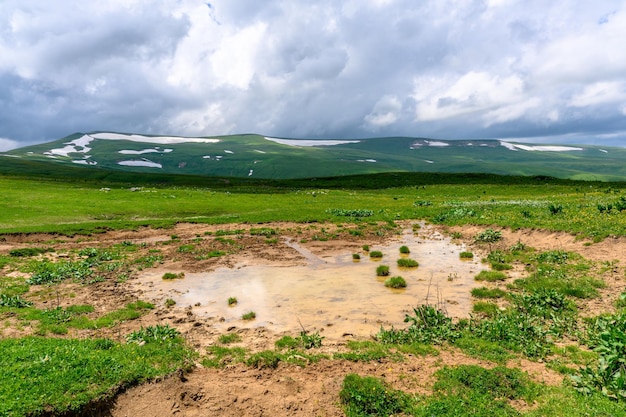 Malowniczy panoramiczny widok idyllicznych wzgórz krajobraz z kwitnącymi łąkami i śnieżnymi szczytami górskimi piękny słoneczny dzień z niebieskim niebem i chmurami wiosną