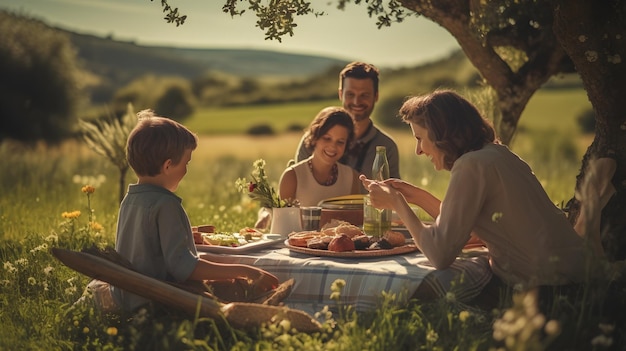 Malowniczy piknik na wsi z rodzinami cieszącymi się różnorodnym pysznym jedzeniem