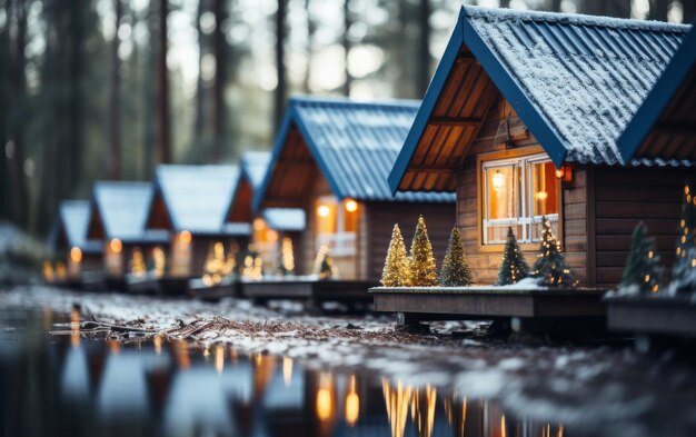 Malowniczy szereg małych drewnianych domków zjeżdżających się wdzięcznie nad spokojnym jeziorem