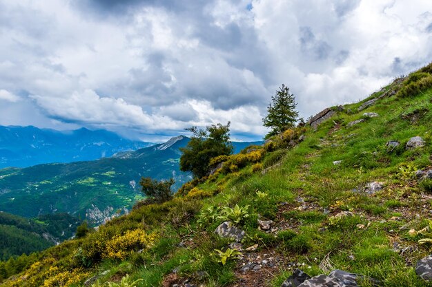 Zdjęcie malowniczy widok na francuskie alpy w pochmurny letni dzień valberg alpes-maritimes francja