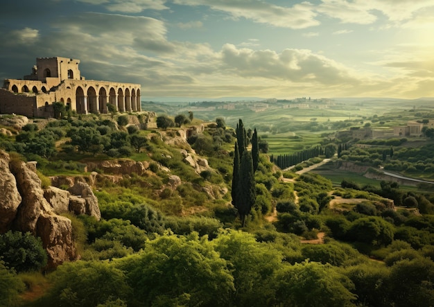 Malowniczy widok na rzymską okolicę ze starożytnymi ruinami