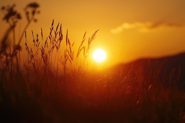 Zdjęcie malowniczy widok na zachód słońca na polu z wysoką trawą doskonały dla miłośników przyrody lub tych, którzy szukają spokojnego i spokojnego krajobrazu