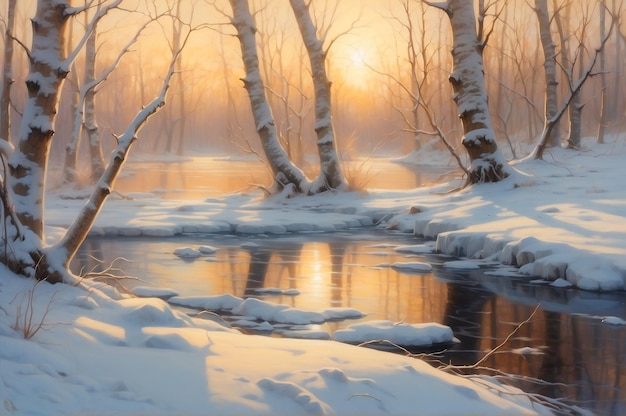 Malowniczy wschód słońca w zimowy poranek w lesie na brzegu jeziora