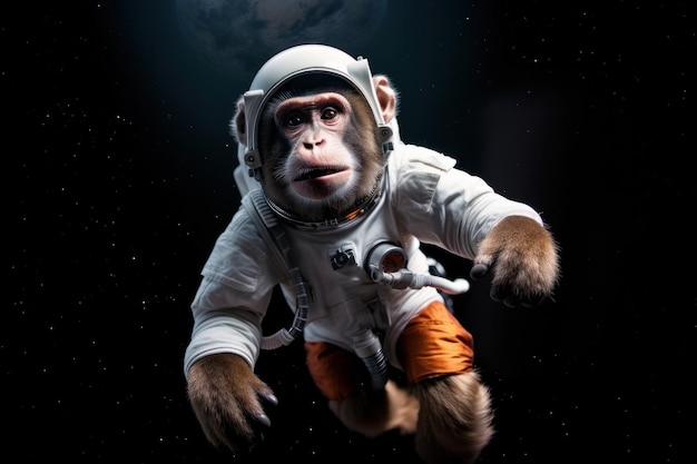 Małpa astronauta w garniturze kosmicznym i hełmie gotowa do startu na statku rakietowym