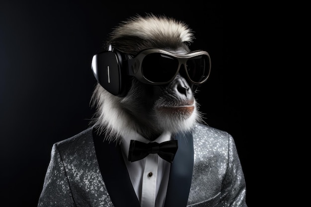 Małpa Colobus w garniturze i wirtualna rzeczywistość na czarnym tle