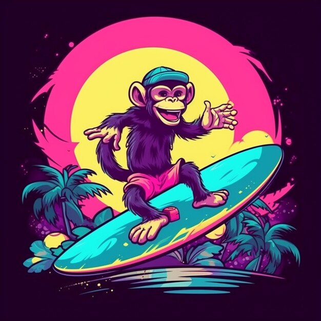 Małpa jedzie na desce surfingowej na plaży z palmami generatywnymi ai