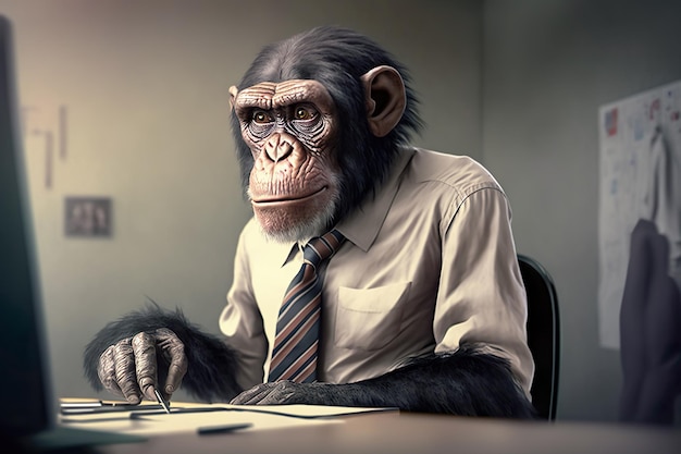 Małpa ma na sobie garnitur w biurze Monkey biznesmen siedzi w urzędzie Generatywne Ai