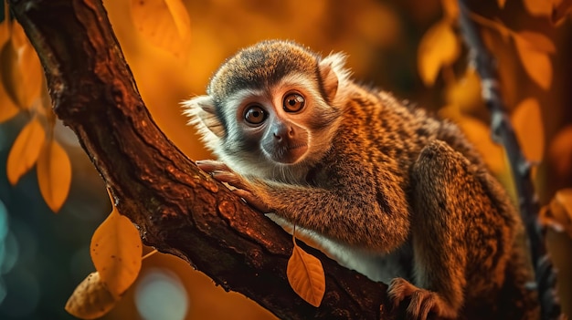 Małpa na drzewie Piękna małpa z pomarańczowymi oczami wysokiego kontrastu