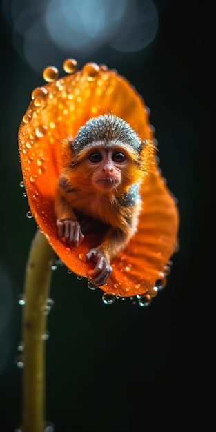 Małpa na kwiatku z kroplami wody