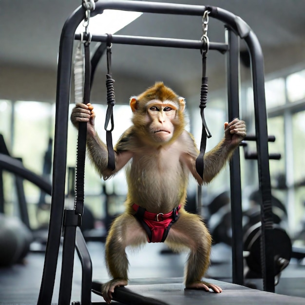 Małpa robiąca ćwiczenia w siłowni.