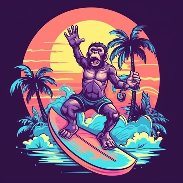 Małpa surfująca na desce surfingowej w oceanie z palmami generatywnymi ai