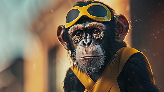 Zdjęcie małpa szympans w kostiumie superbohatera, płaszcz, okulary, dzikie zwierzę w ludzkich ubraniach, maskotka dzikiego zwierzęcia, realistyczny styl, duże uszy, twarz zwierzęca odzwierciedla odwagę, pewność siebie.