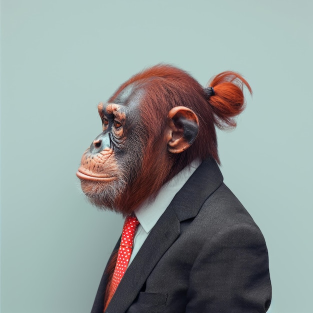 Małpa ubrana w garnitur z czerwonym krawatem