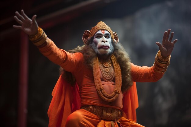 Małpa ubrana w pomarańczowy kostium na scenie lub w teatrze w stylu istot z innego świata