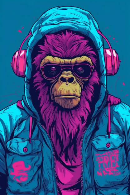 Małpa w okularach i kurtce z napisem planeta małp