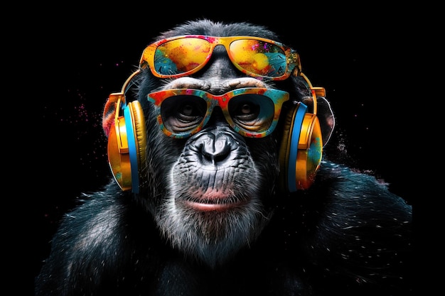Małpa w okularach przeciwsłonecznych i słuchawkach cieszy się generatywną sztuczną inteligencją ilustracji dzikiej przyrody