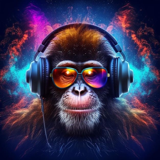 Małpa w okularach przeciwsłonecznych i słuchawkach na uszach