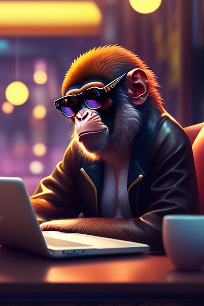 Małpa w okularach przeciwsłonecznych siedzi przy stoliku w kawiarni z laptopem.