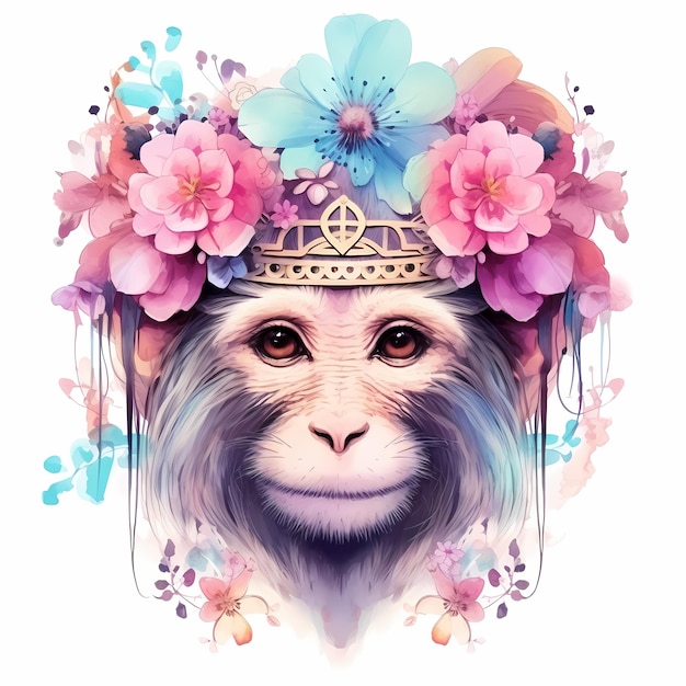 małpa z kwiatami na głowie jest pokazana z wizerunkiem małpy