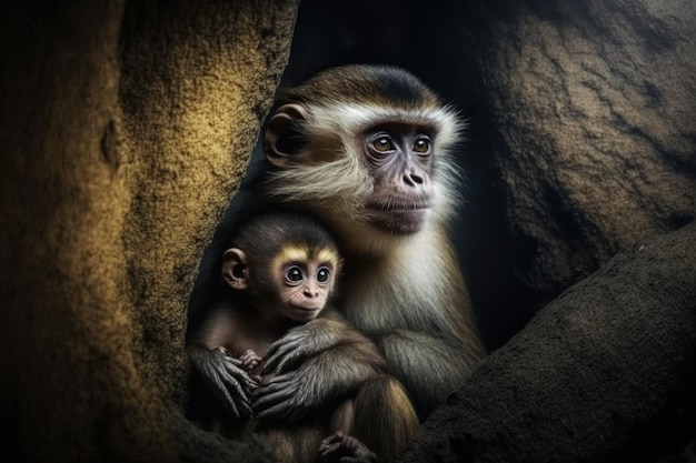 Małpa z młodym w naturalnym środowisku Generatywna sztuczna inteligencja