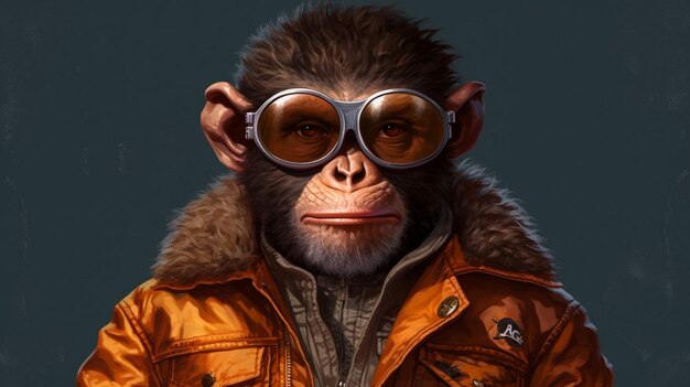 Małpa z okularami i kurtką z napisem "plan"