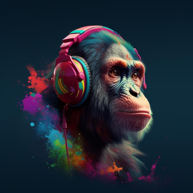 Małpa ze słuchawkami na uszach i niebieskim tłem.