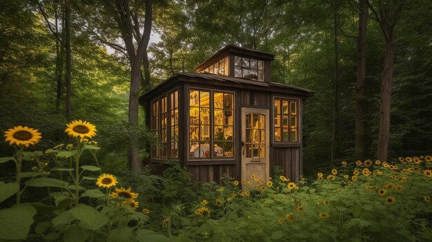 Malutki domek w lesie ze słonecznikami na oknach