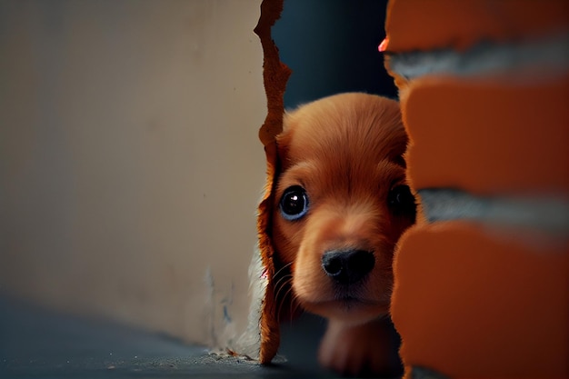 Malutki pomarańczowy szczeniak zaglądający do dziury w ścianiegenerative ai
