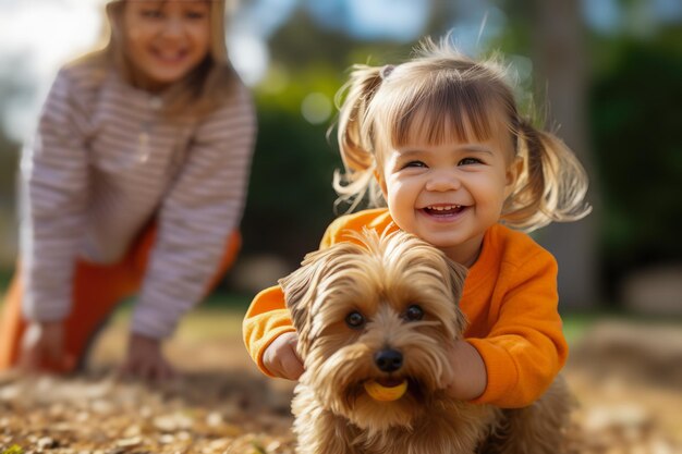 malutki w pomarańczowym swetrze bawiący się z wesołym psem Yorkshire Terrier w parku jesieni