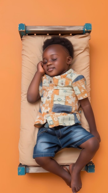 Mały afrykański chłopiec śpiący uśmiechnięty na małym materacu