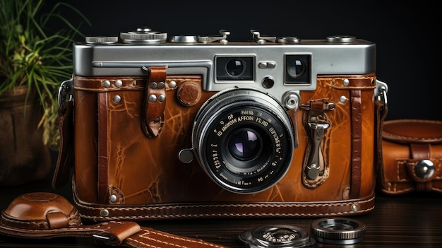 Zdjęcie mały analogowy aparat fotograficzny w stylu vintage z czarną skórą