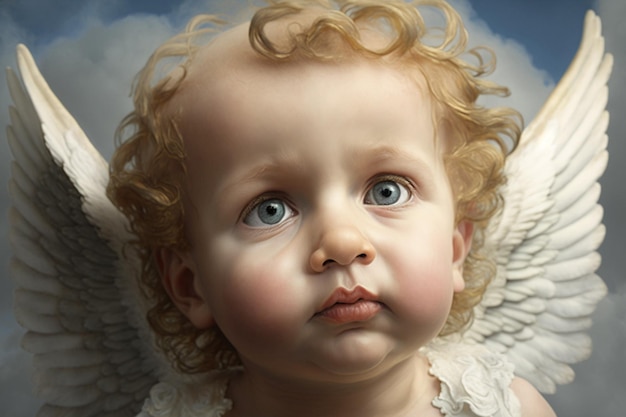 Zdjęcie mały aniołek o niebieskich oczach i białych skrzydłach