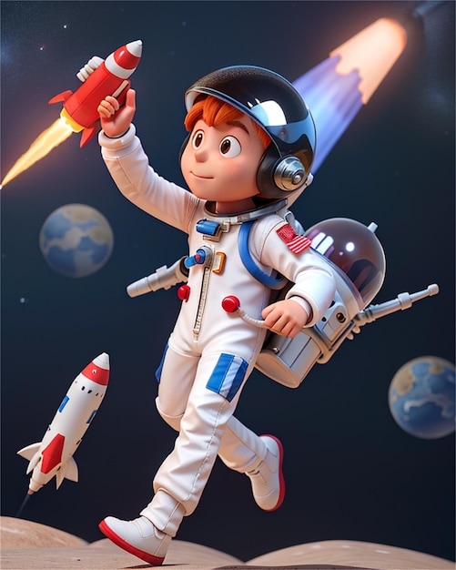 mały astronauta z rakietą na głowie