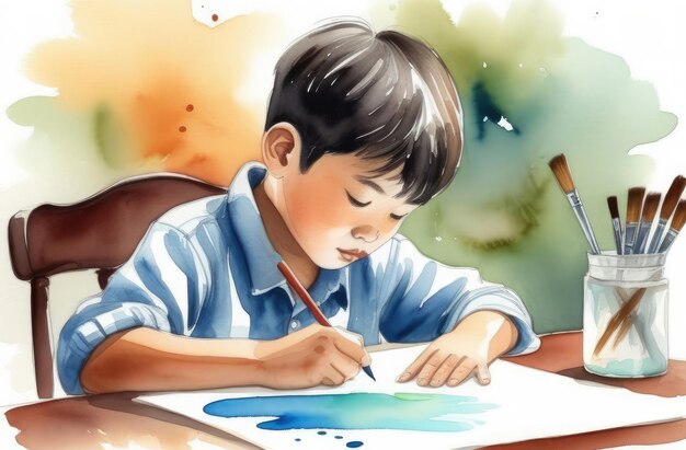 Mały azjatycki chłopiec rysuje na arkuszu papieru, akwarel, ilustrację, kreatywne hobby, robi zadanie domowe.