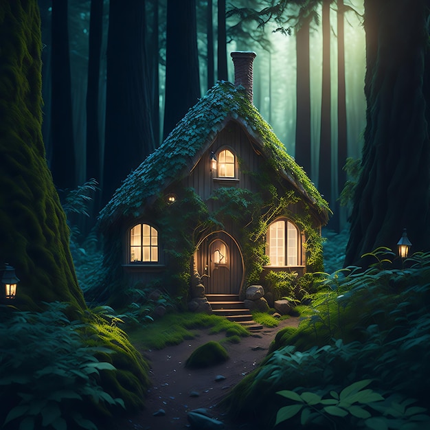 Mały bajkowy błyszczący dom w magicznym lesie Generacyjna sztuczna inteligencja