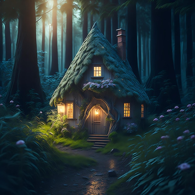 Mały bajkowy błyszczący dom w magicznym lesie Generacyjna sztuczna inteligencja