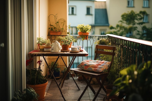Mały balkon w mieszkaniu miejskim z meblami patio