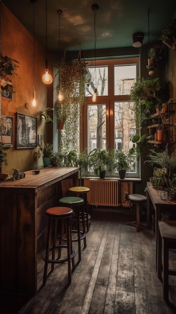 Mały bar z drewnianym stołem i stołkami z zieloną rośliną na ścianie.