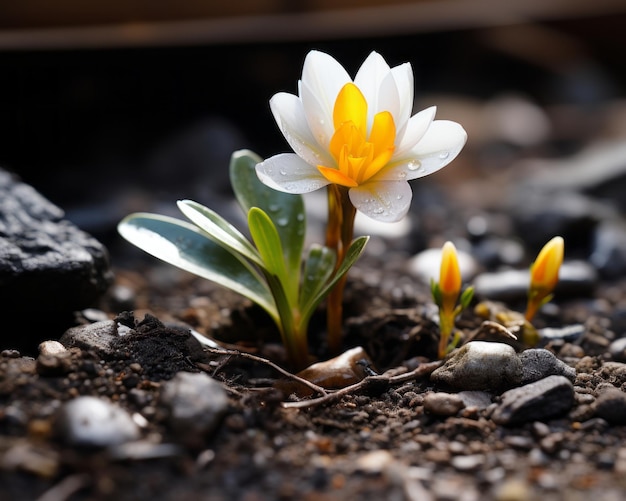 mały biały i żółty kwiat wyrasta z ziemi